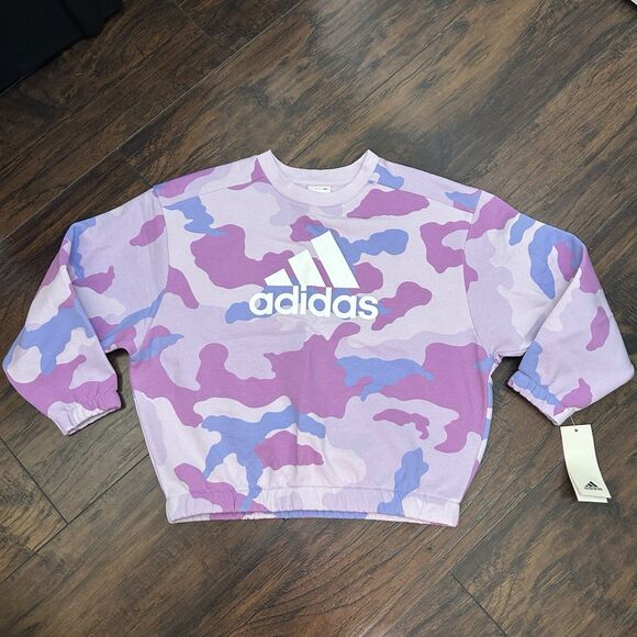 Adidas Girls Loose Fit Pullover Purple Camo Sweatshirt Medium 10/12 NWT AA3217 - Picture 1 of 5